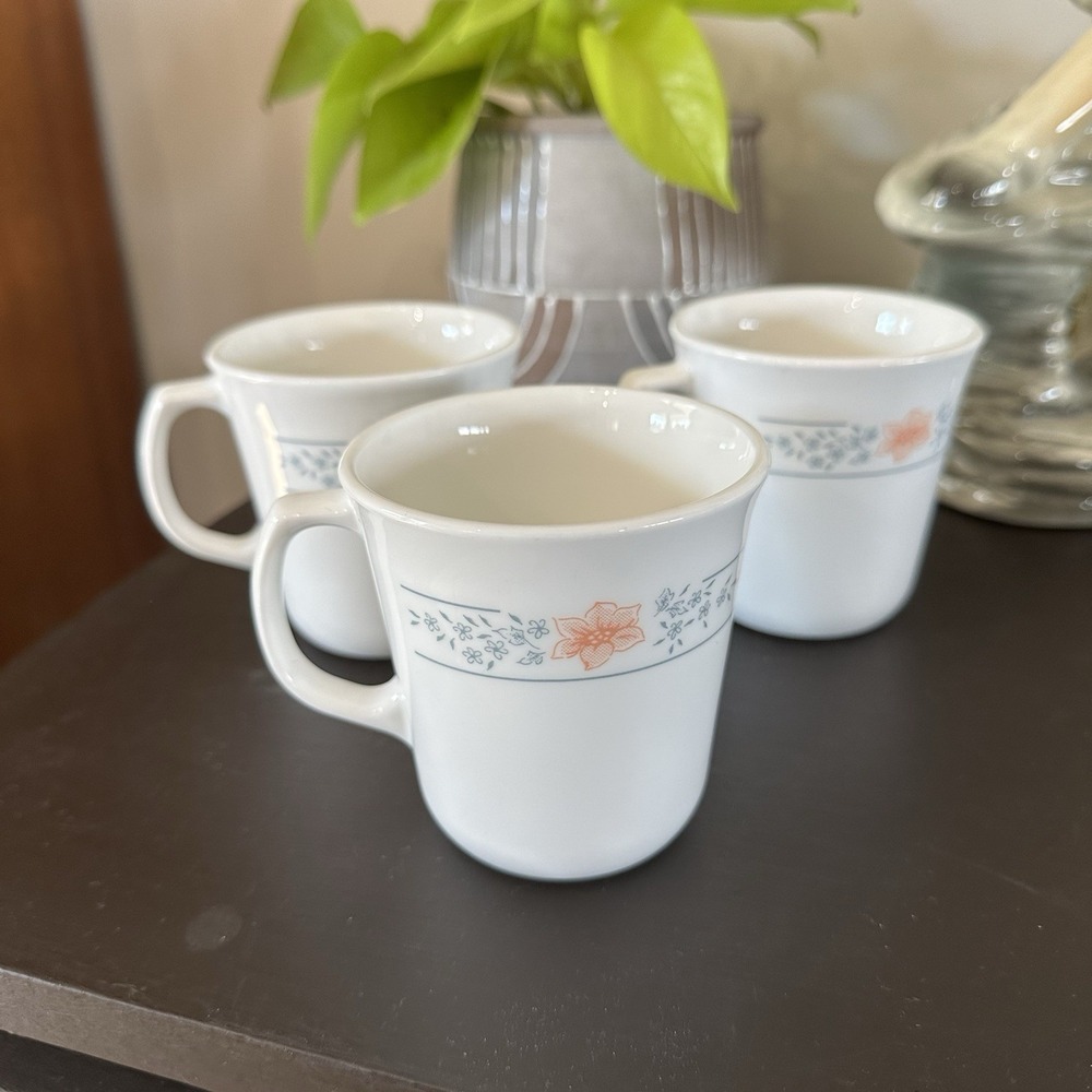 VTG Corelle Corning Apricot Grove Floral Coffee Mugs Set‎ Of 3 Peach Cottagecore